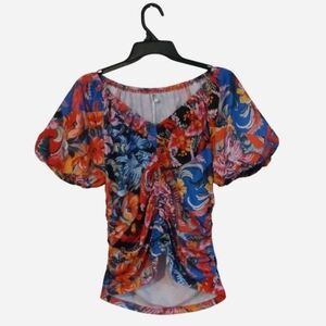 Ruched Printed V-Neck Short Sleeve Blouse